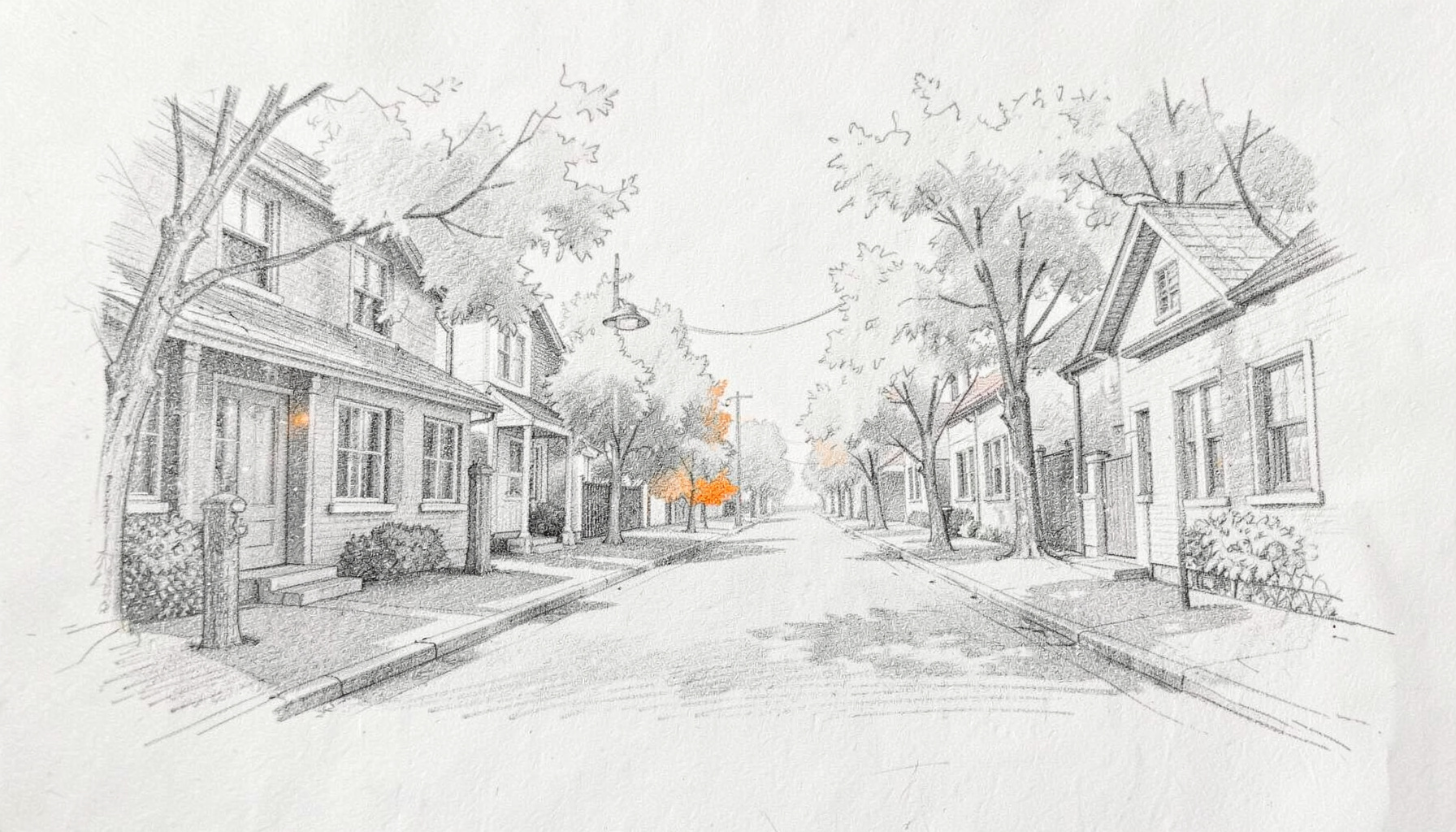 Soft graphite pencil sketch of a quiet residential street with houses and trees, calm and reassuring mood
