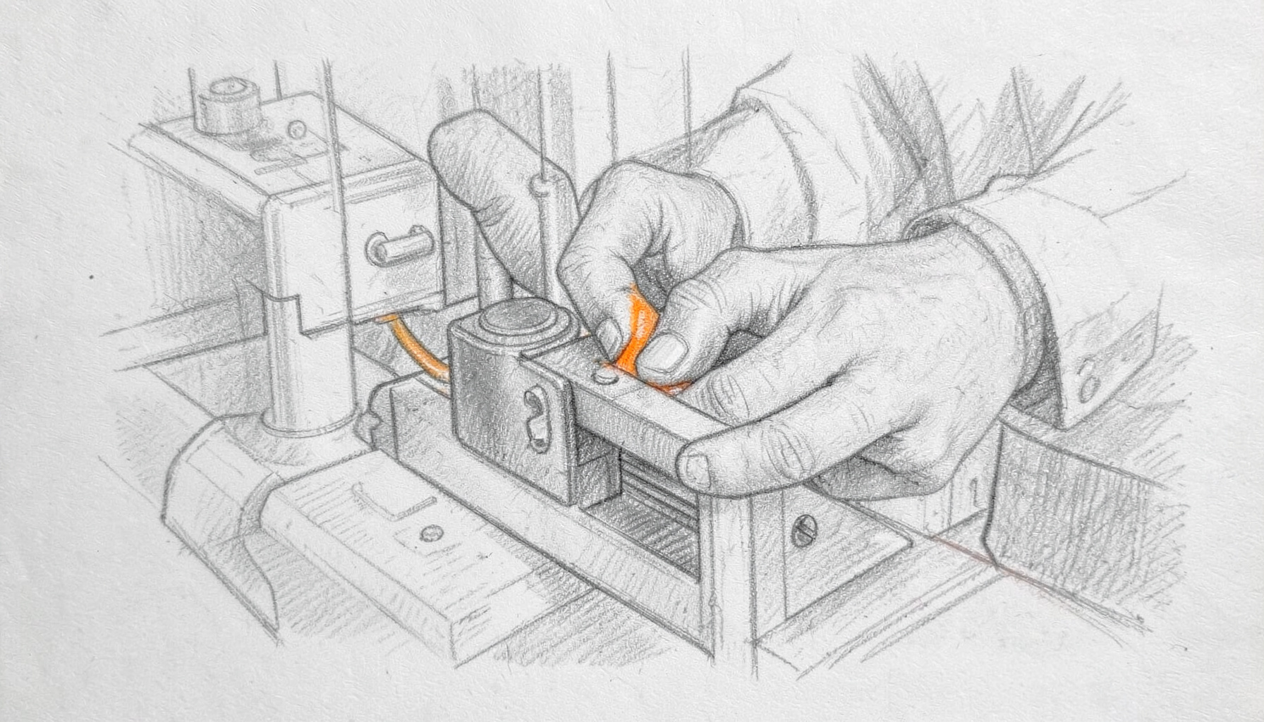 Graphite pencil sketch of an HVAC technician's hands inspecting a system component, detailed linework with soft tonal shading, professional and trustworthy atmosphere