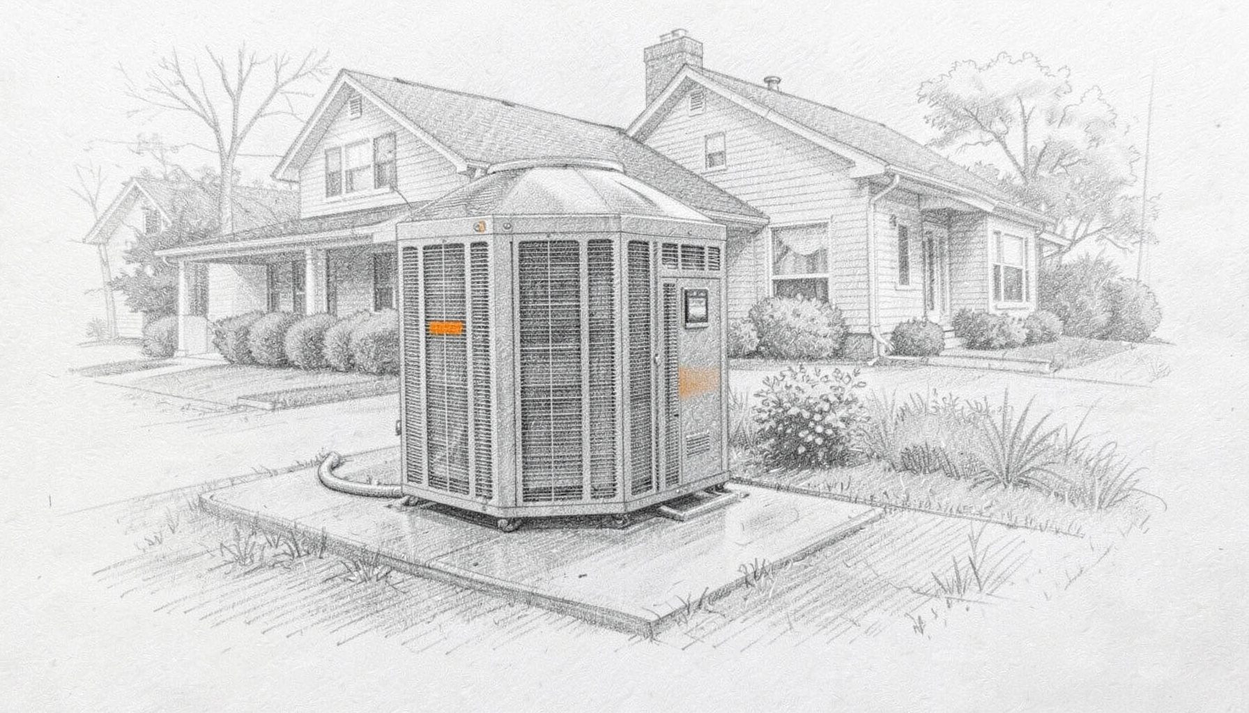 Graphite pencil sketch of a residential HVAC outdoor condenser unit beside a tidy suburban home, soft shading and gentle crosshatch lines, calm and professional mood