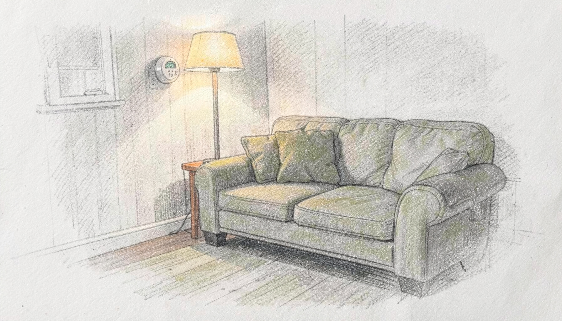 Soft graphite pencil sketch of a quiet suburban living room with a thermostat on the wall, warm lamplight, and a family sofa in muted grays and olive tones