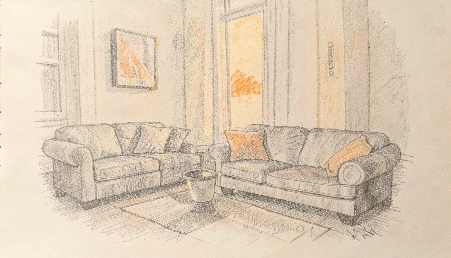 Soft graphite pencil sketch of a cozy living room interior with a thermostat on the wall, warm tones of cream and charcoal grey
