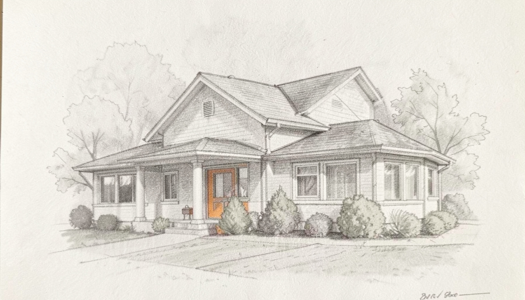 Soft graphite sketch of a quiet suburban home exterior with gentle shading, warm gray tones, and a calm residential mood