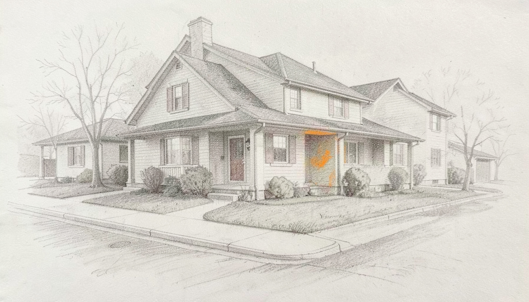 Soft graphite pencil sketch of a calm suburban home exterior with gentle shading, warm mid-tone grays, and a quiet residential street