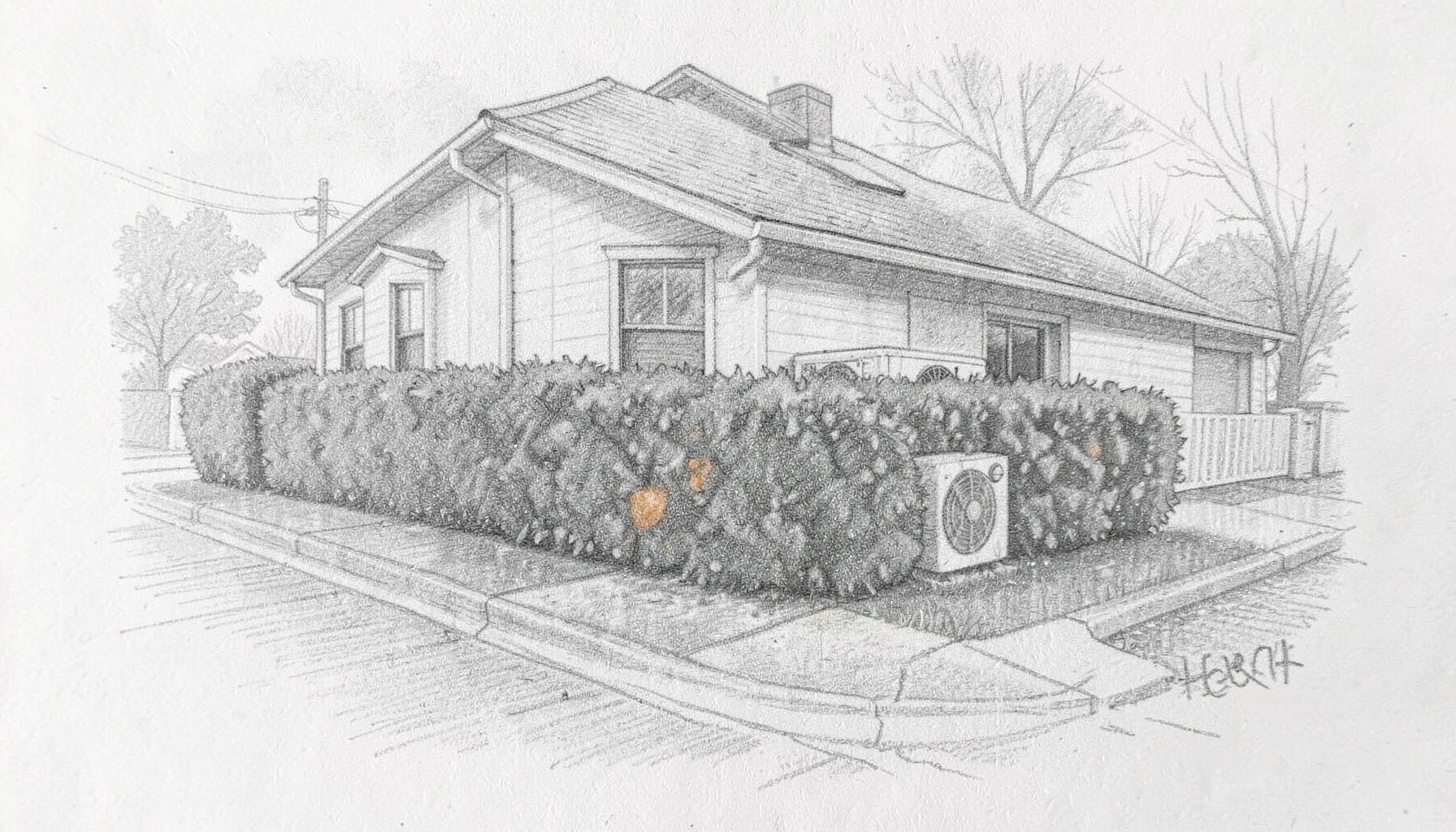 Graphite pencil sketch of a quiet residential street with a modest house in the foreground, its outdoor HVAC condenser unit partially visible beside a neatly trimmed hedge; soft gray tones and gentle shading convey a calm, reassuring mood.