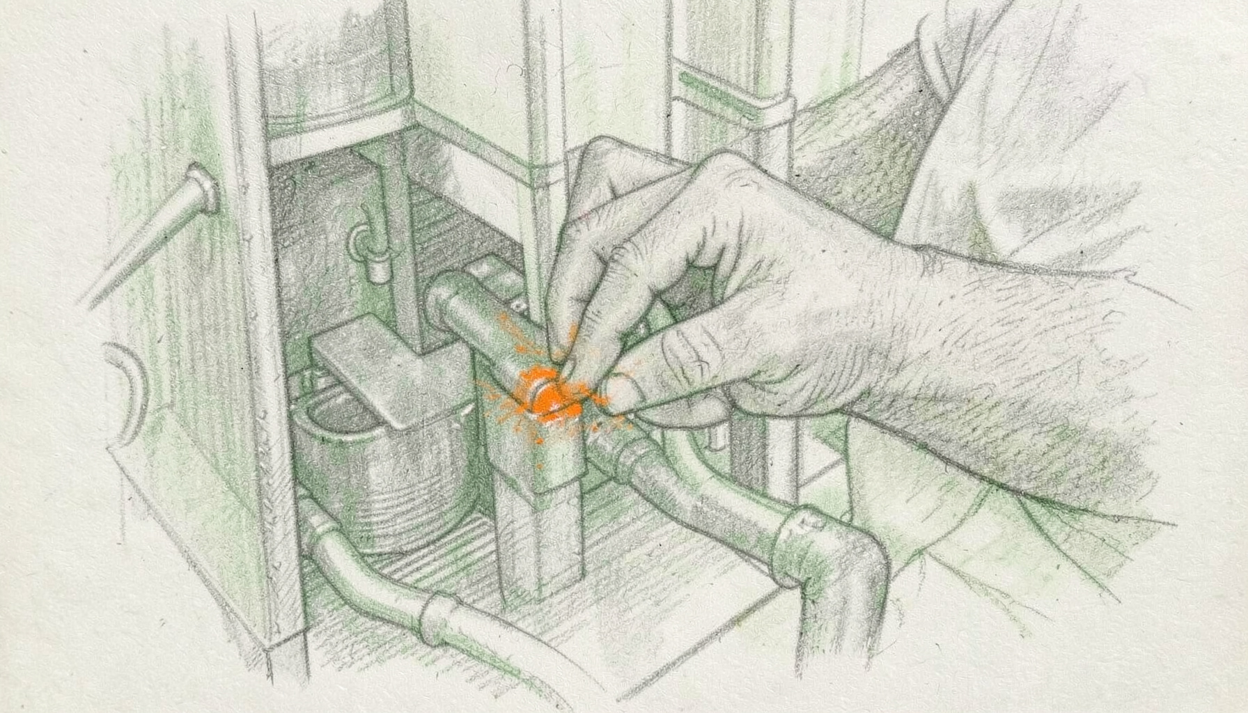 Graphite pencil sketch of a technician's hands adjusting HVAC equipment, muted grays and soft green tones