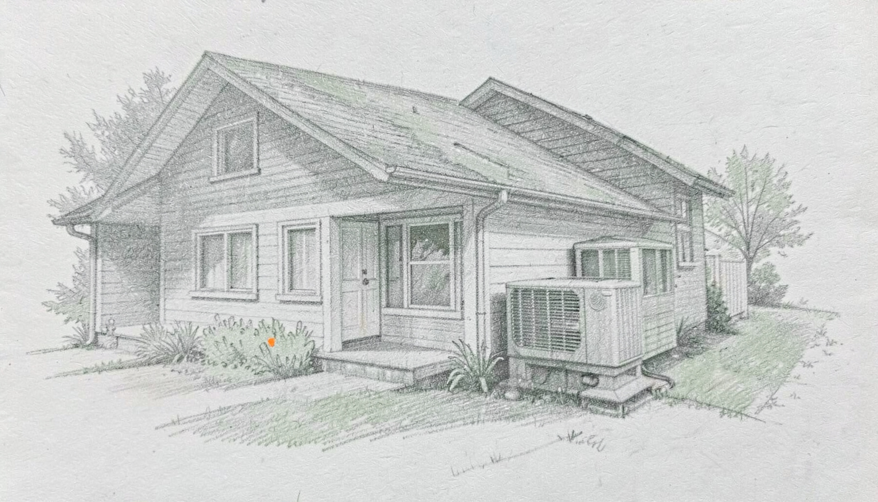 Soft graphite pencil sketch of a quiet suburban home exterior with a heat pump unit beside it, rendered in muted gray-green tones