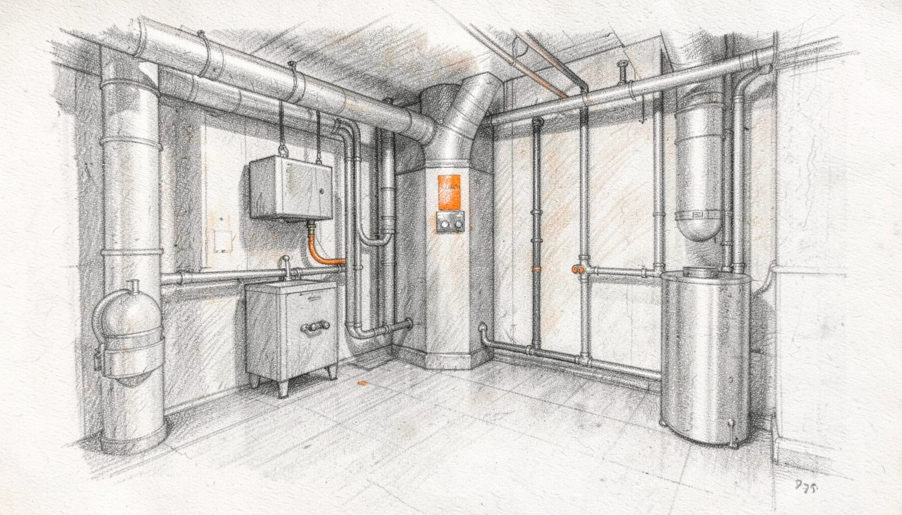 Graphite pencil sketch of HVAC ductwork and mechanical components in a basement utility room, with soft shading in charcoal and warm gray